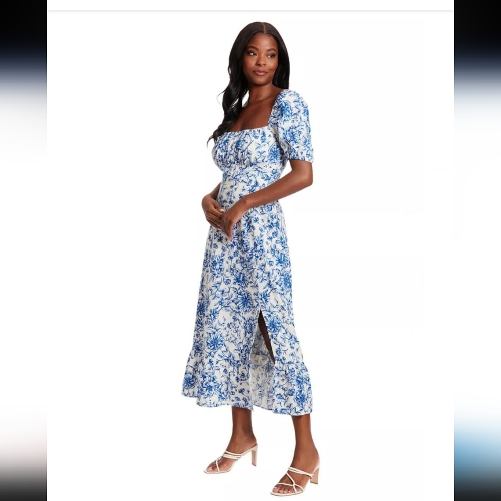 London Times Short Sleeve Square Neck Ditsy Floral Midi Dress Ivory/Navy New 14